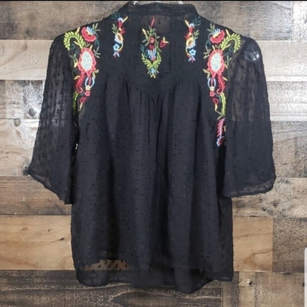 Zara] Black Embroidered Dotted Mesh Top XS